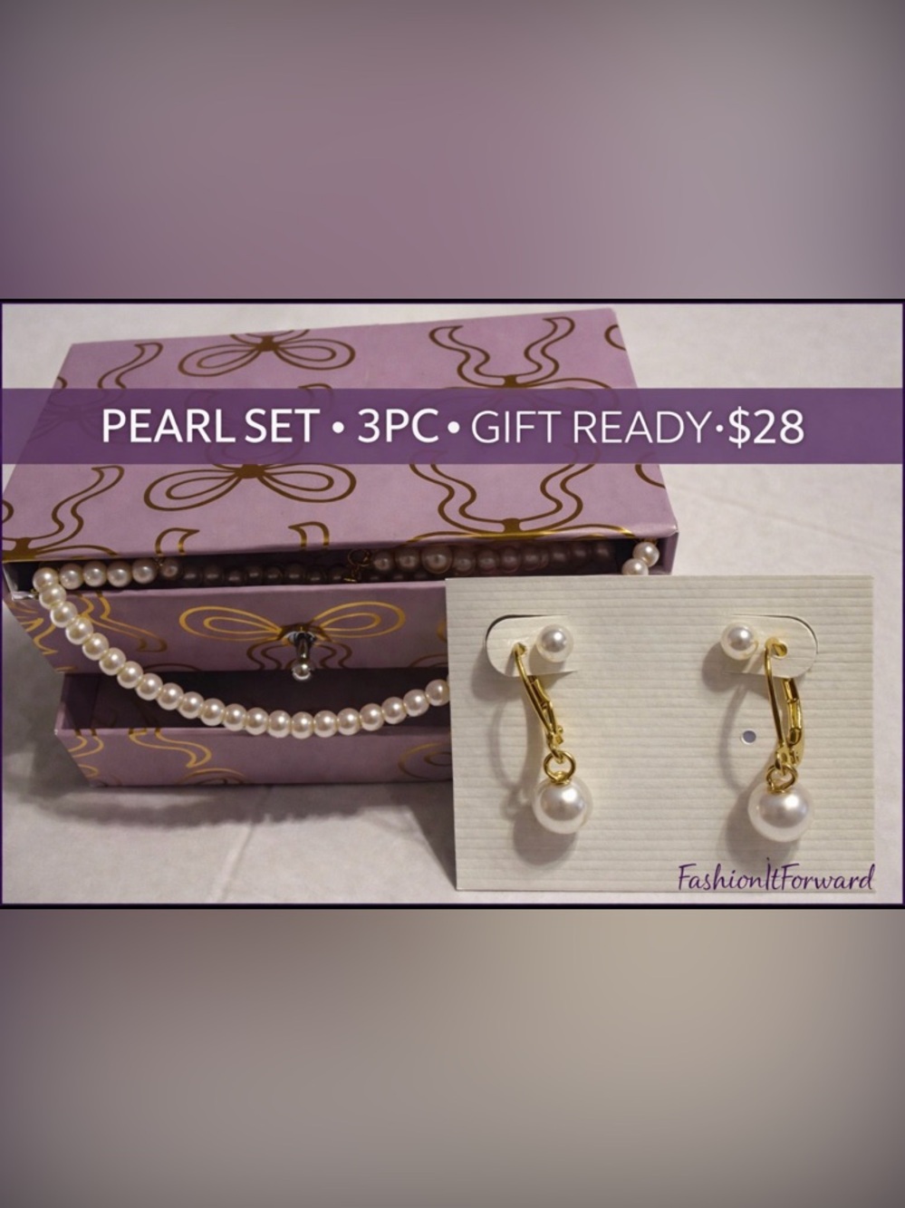 Glass Faux Pearl Choker Necklace Set 3PC Stud & Drop Earrings Gift Box